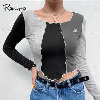 

Rapcopter Patch Knitted T Shirt Y2K Top Letter Full Sleeve Crop Top Autumn Winter Tee Shirt Knitwear Casual Streetwear 2020 New