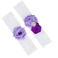 2 шт./компл. элегантное платье с украшением в виде кристаллов Стразы бисером растянуть белые кружевные женские свадебные набор подвязок с фиолетовым цветочным узором ручной работы