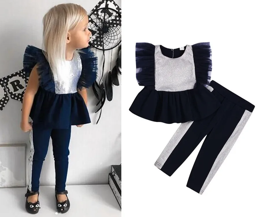 

European American Stylish Girls Flutter Sleeve Top and Pants Set Striped Tight with Ruffles T-shirt Outfit for Toddler