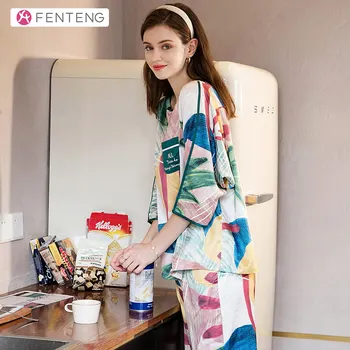 

FENTENG Autumn Women's Pajamas Set New Style Three-quarter Sleeves Light Loose Sleepwear J98112240