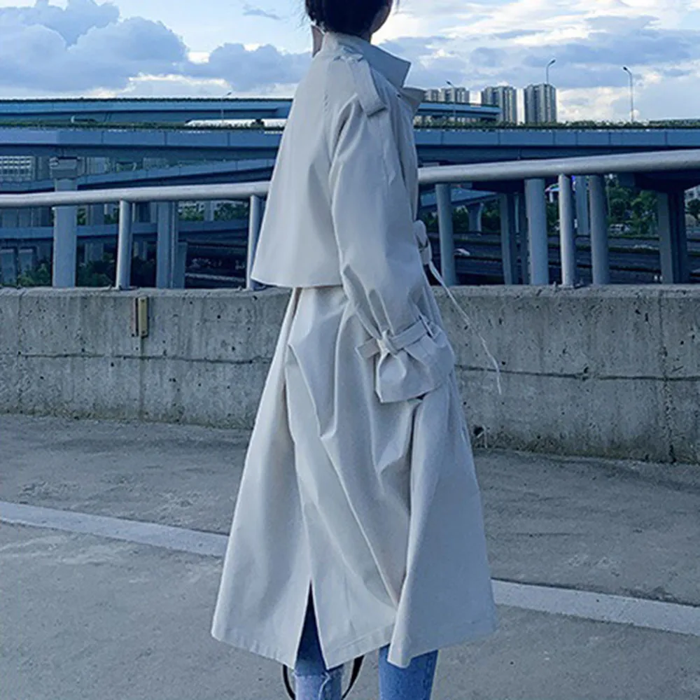 Корейская мода хаки Пальто для женщин осень шикарная Повседневная ветровка уличная длинные пальто Женская белая винтажная одежда