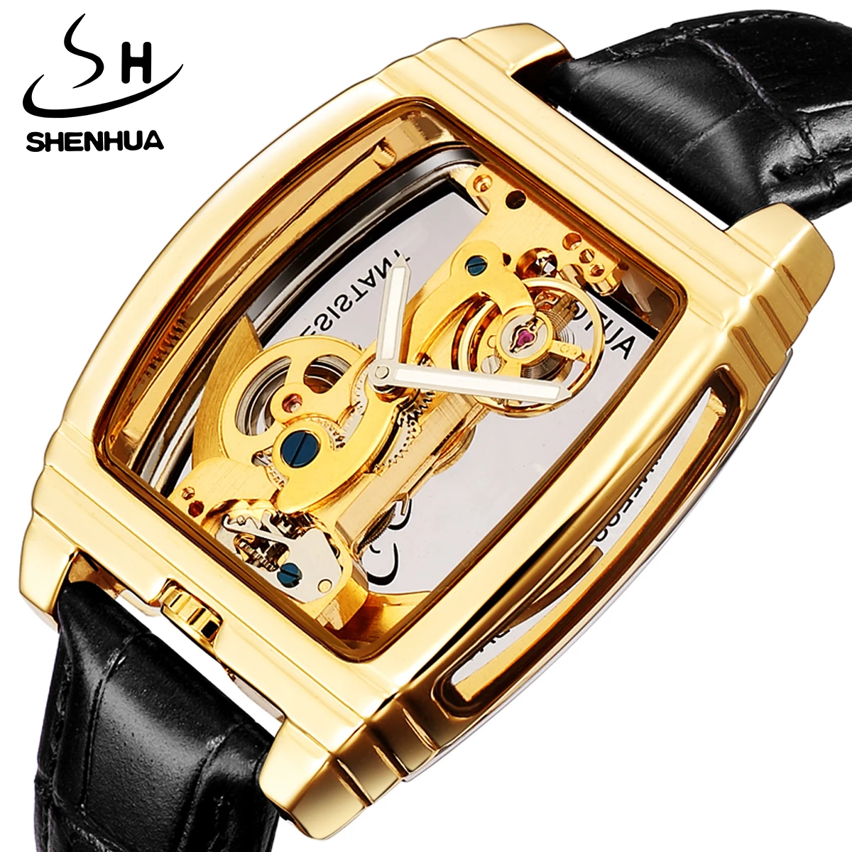SHENHUA Black Strap Luxury Tourbillon Men's Automatic Mechanical WristWatch Genuine Leather Belt Transparent Skeleton Gold Clock