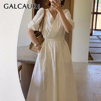 

GALCAUR Women's Dress Cross V Neck Short Lantren Sleeve Tunic High Waist Pocket Lace Up Maxi Summer Dresses Female Clothes 2020
