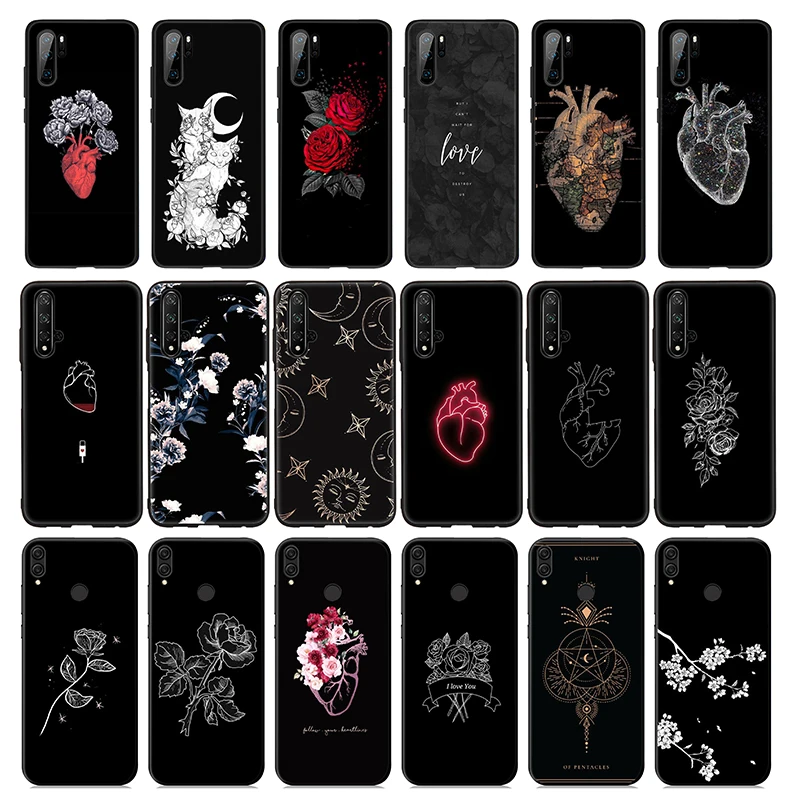 Simple heart flower Black Soft Silicone Case for Huawei Honor 10 9X 9 8 8X Lite 7X 7C 7A 6A Note |