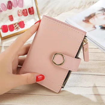 

Womens wallets and purses small fresh Korean version short style buckle pu leather solid color lovely purse card bag handbag