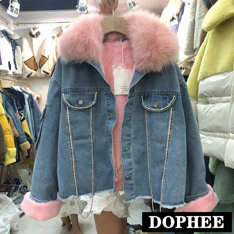 Winter Real Fox Fur Collar Coat Denim Jacket Women New Removable Velvet Liner Padded Jacket Female Short Parka Fur Coat