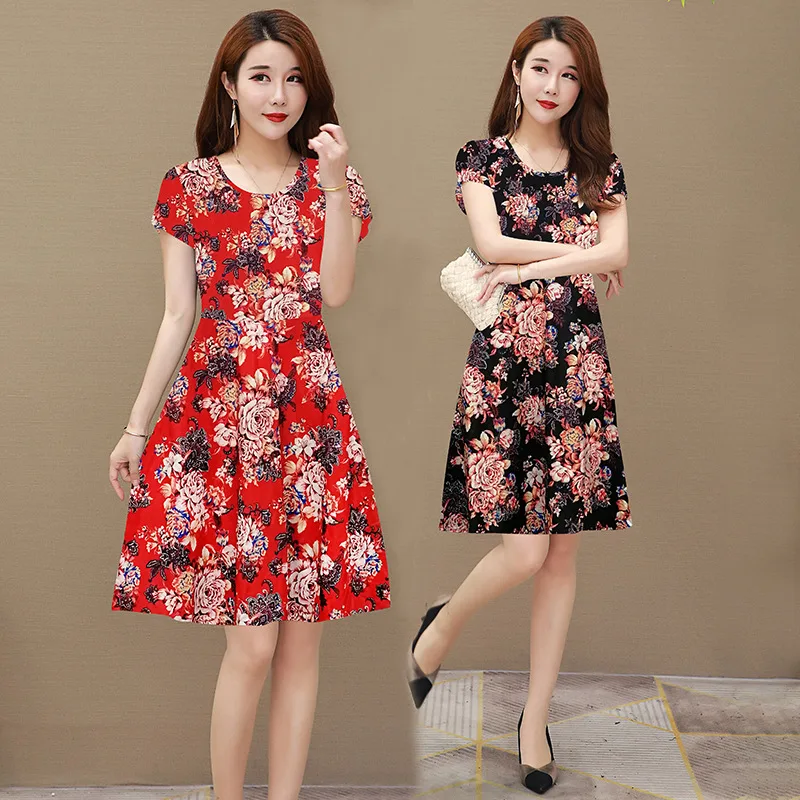 

Floral-Print Viscose Dress 2020 Summer Wear New Style Middle-aged Women Dress Square Dance Short Sleeve Medium-length Dress