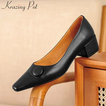 

Krazing Pot genuine leather med heels square toe metal circle buckle runway model office lady handmade solid women pumps L0f3