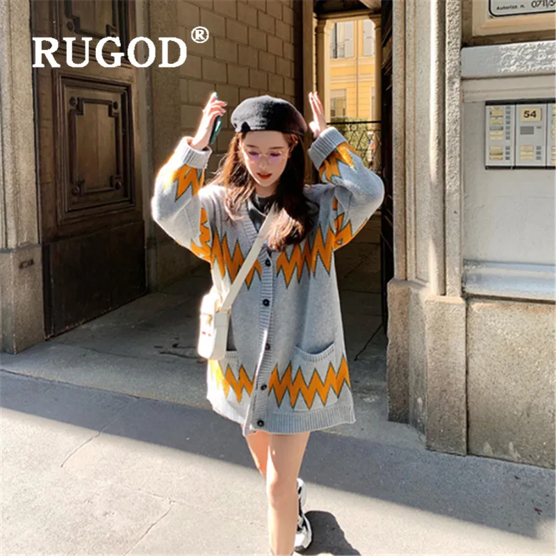 RUGOD, свитер, кардиганы для женщин, v-образный вырез, молния, узор размера плюс, свободное вязаное пальто, модные женские повседневные осенние мягкие Топы