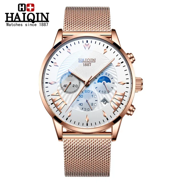 M-Golg White2 HAIQIN мужские часы кварцевые полностью стальные деловые наручные часы водонепроницаемые Модные наручные часы с календарем люксовый бренд наручные часы с ремешком-сеткой - Цвет: M-Golg White2