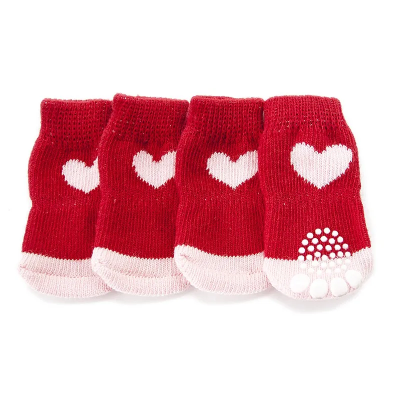 4 шт., вязаные носки для домашних собак, рождественские Нескользящие хлопковые носки с рисунком, Теплые Носки с рисунком лап, размеры s, m, l, xl - Цвет: Красный