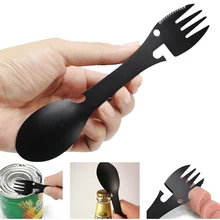 

5 in 1 Outdoor EDC Survival Tools Camping Multi-functional Kit Practical Fork Knife Spoon Bottle Can Opener Supplies