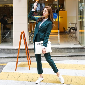 

2019 South Korea Pure Color Simple Style Boyfriend Seventh Length Pant Two Pcs Office Lady Autumn Suits
