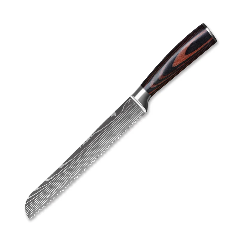 8 in bread knife Timhome Популярные кухонные ножи Набор Профессиональный японский дамасский лазерный узор 7CR17 440C высокоуглеродистой нержавеющей нарезки Santoku - Цвет: 8 in bread knife