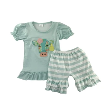 

Embroidey cow pattern outfits short summer sets farm girls ruffle set cute design