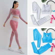 Women Seamless Yoga Set Gym High Waist Leggings Bra Long Sleeves Shirt Crop Top Women Running Sportswear High Waist Fitness Suit