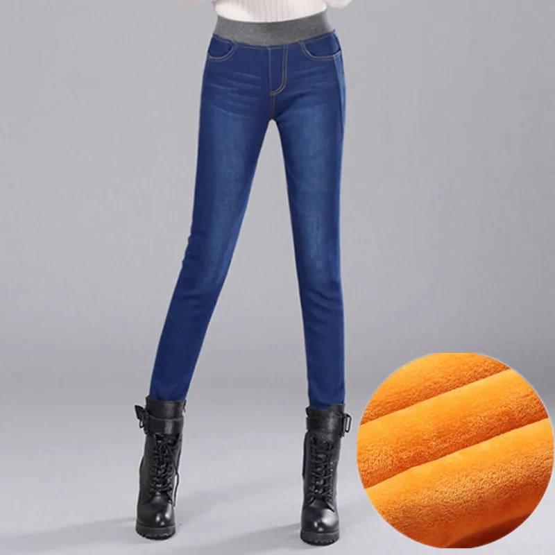 Зимние плотные вельветовые флисовые Теплые Женские Эластичные Обтягивающие джинсы с высокой талией для мам, Стрейчевые женские джинсовые брюки-карандаш, размер 28-40