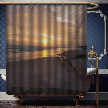

Driftwood Multi Polyester Shower Curtain Golden Color Sun Rises Over a Distant Horizon Sandy Beach and Driftwood Home Bathroom