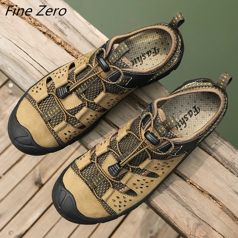 

Men Leather Mesh Aqua Shoes Outdoor Professional Non-slip Hard-Wear Trekking Upstream Shoes Male Hiking Wading Water Sneakers