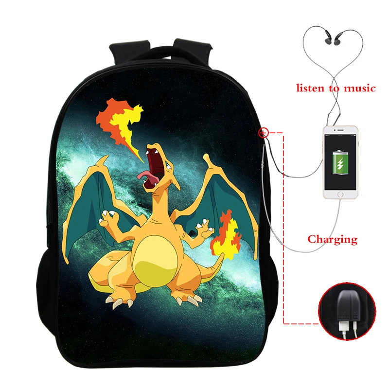 165-dff-11-15-127 Galaxy Charizard рюкзак с зарядкой через Usb 16 дюймов Pokemon дорожные сумки через плечо Водонепроницаемая школьная сумка для мальчиков и девочек - Цвет: 165-dff-11-15-127