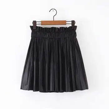 

New Women sweet agaric lace elastic waist PU Leather pleated mini skirt faldas mujer ladies vestidos casual slim skirts QUN454