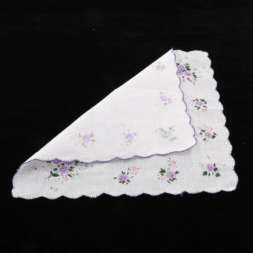 3 Pack Flower Embroidered Handkerchief Women 100% Cotton Square Pocket Hanky Girls Cute Wavy Edge Kerchiefs Hankie