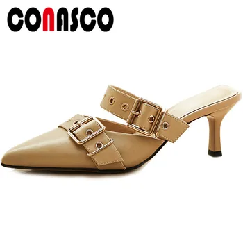 

CONASCO Fashion Women Sandals Pumps Genuine Leather 2020 Summer New Metal Decoration Buckle Casual Shoes Thin Heels Shoes Woman