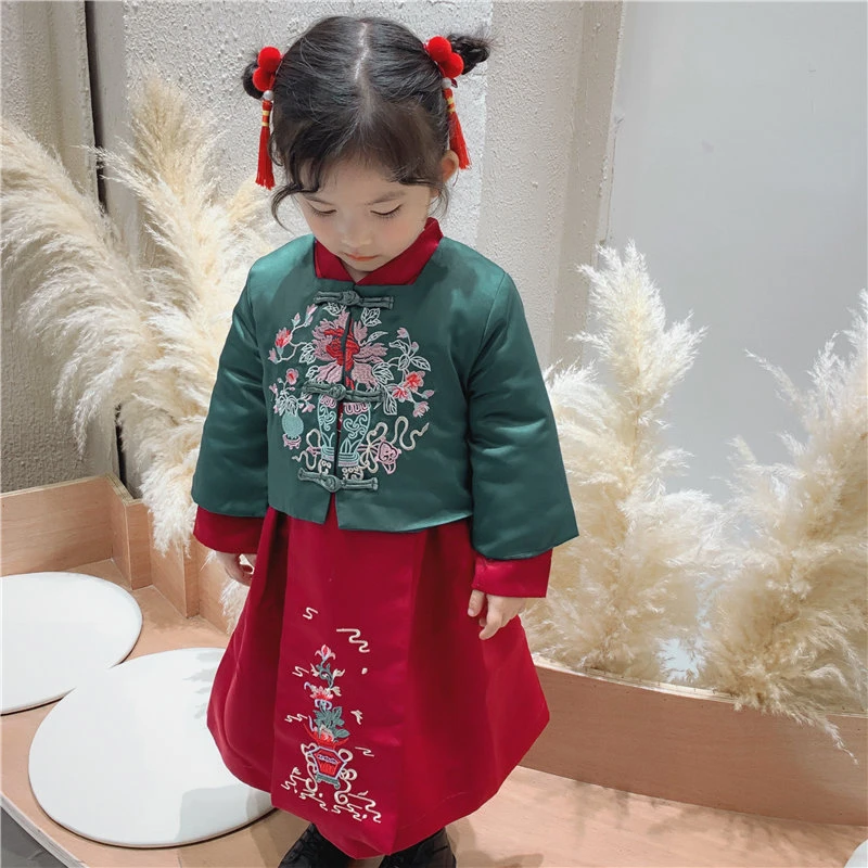 Китайская традиционная одежда Tang для девочек, зимнее красное платье с вышивкой, корейский стиль, подарок на год, Рождество, длинный рукав