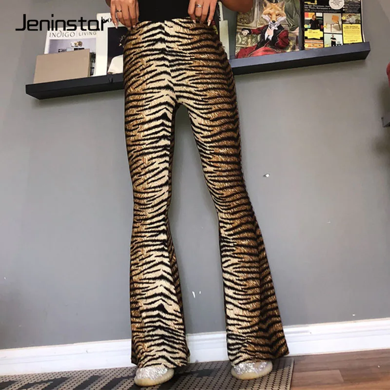 Tiger Jeninstar Осень Леопардовый принт расклешенные брюки женские повседневные обтягивающие повседневные штаны женские с высокой талией тонкие женские брюки - Цвет: Tiger