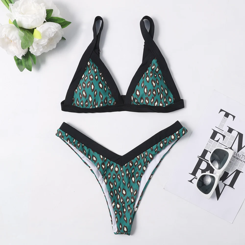 2019 Leopard Removable Padding Low Waisted Bikini Women Two Piece Bathing Suit Dual Shoulder Strap Branzillian High Leg Swimsuit