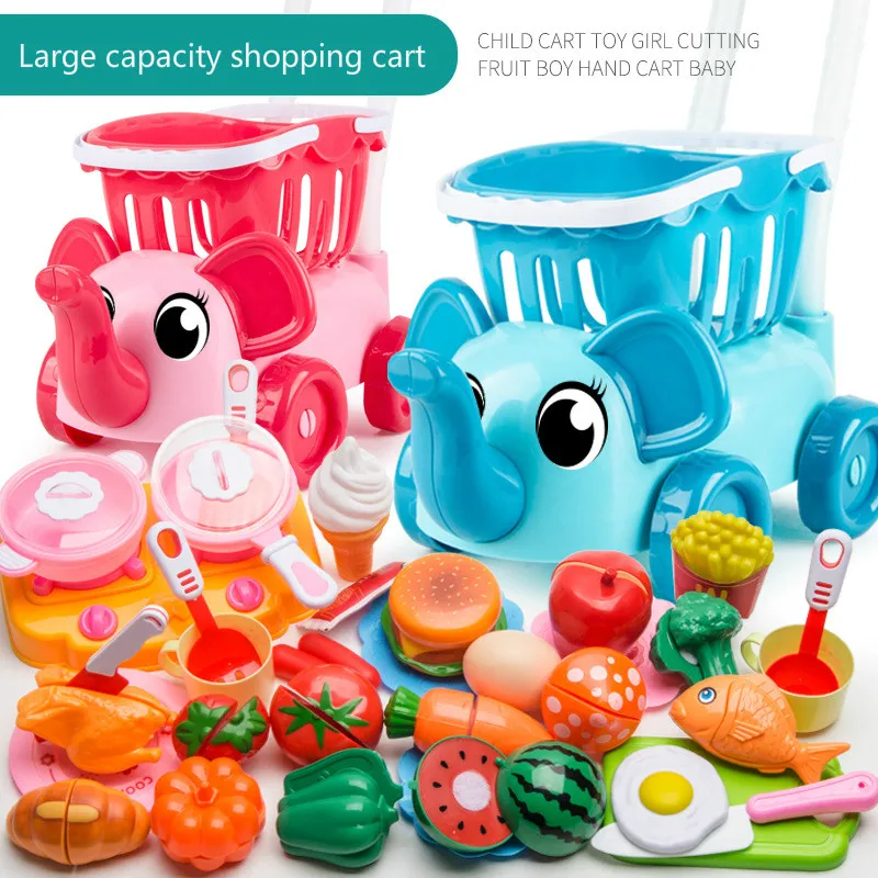 Blue /Pink Kids Boys Girls Shopping Trolley Cart w/ Fruits & Veg Kids Toy Set 