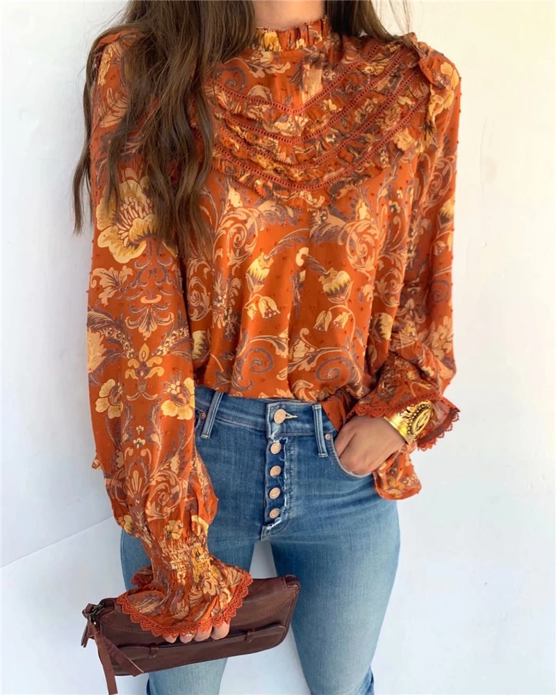 Boho Chic womenTops Винтаж Цветочный принт оборками свободные блузки дамы О образным вырезом с длинным рукавом пляжные рубашки Blusas Mujer