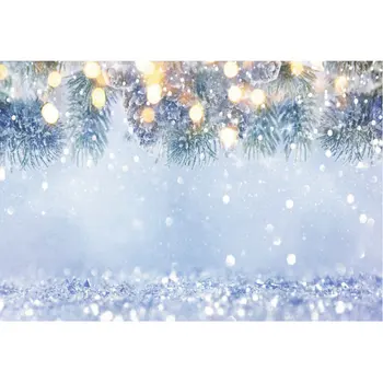 

Light Blue Bokeh Pine Tree Photography Backdrop Christmas Party Decor Golden Spots Snowflake Background New Year Photo Props