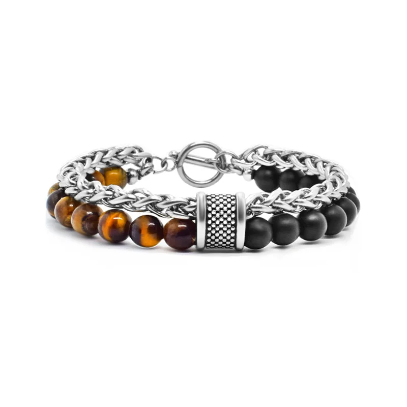 natural stone tiger eye beads bracelet men's chain on hand stainless steel bracelet male Steampunk hip hop luxury wholesale