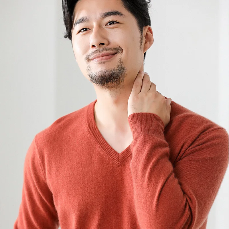Кашемировый свитер мужской чистый кашемир толстый свободный свитер с высоким воротником V однотонные шерстяные свитера свитер зимний - Цвет: Кораллово-Красный