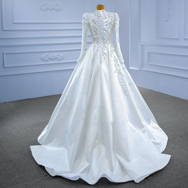 RSM67396 satin wedding dress 2021 bridal long sleeve wedding dress plus size with beads and sequins vestido de noiva princesa 2