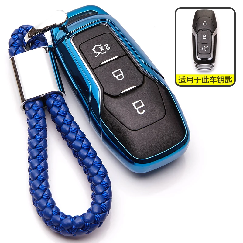 Чехол для ключей из ТПУ для Ford Mondeo MK3 MK4 MK5 3 4 5 Mustang Edge Kuga Fiesta Ranger, Fusion Focus MK6 MK7 брелок для ключей - Название цвета: Blue with keyring