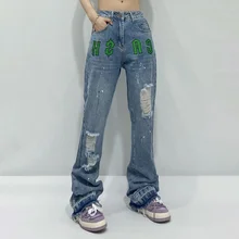 

Streetwear Letter Embroidery Jeans Women's Autumn 2021 New High Waist Hole Loose Straight Denim Pants Female Tide