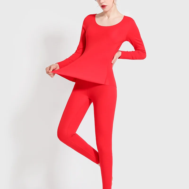 Осенне-зимний бархатный женский комплект термобелья женский утепленный тонкий плюс бархатный теплый костюм подштанники Самонагревающиеся - Цвет: Red