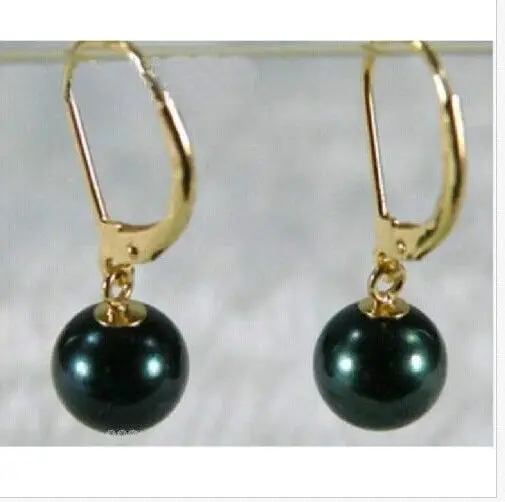 

charming 9-10MM tahitian black round pearl earring14k