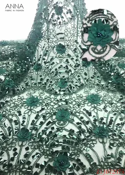 

Anna green nigerian embroidered 3d applique lace french sequins fabric with beads 5 yards high quality african net laces fabrics