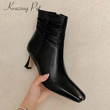 

Krazing pot 2020 high street fashion sheep leather gorgeous small square toe thin high heel zipper office lady ankle boots L13