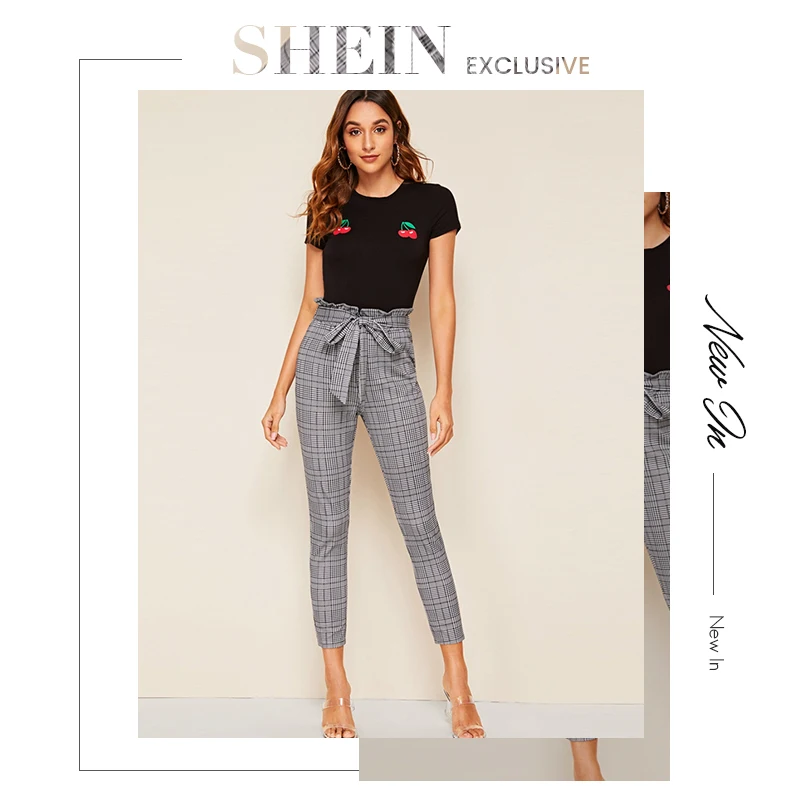 SHEIN/серые клетчатые бумажные штаны с поясом на талии, повседневные штаны для женщин, осенние женские узкие брюки с высокой талией для офиса