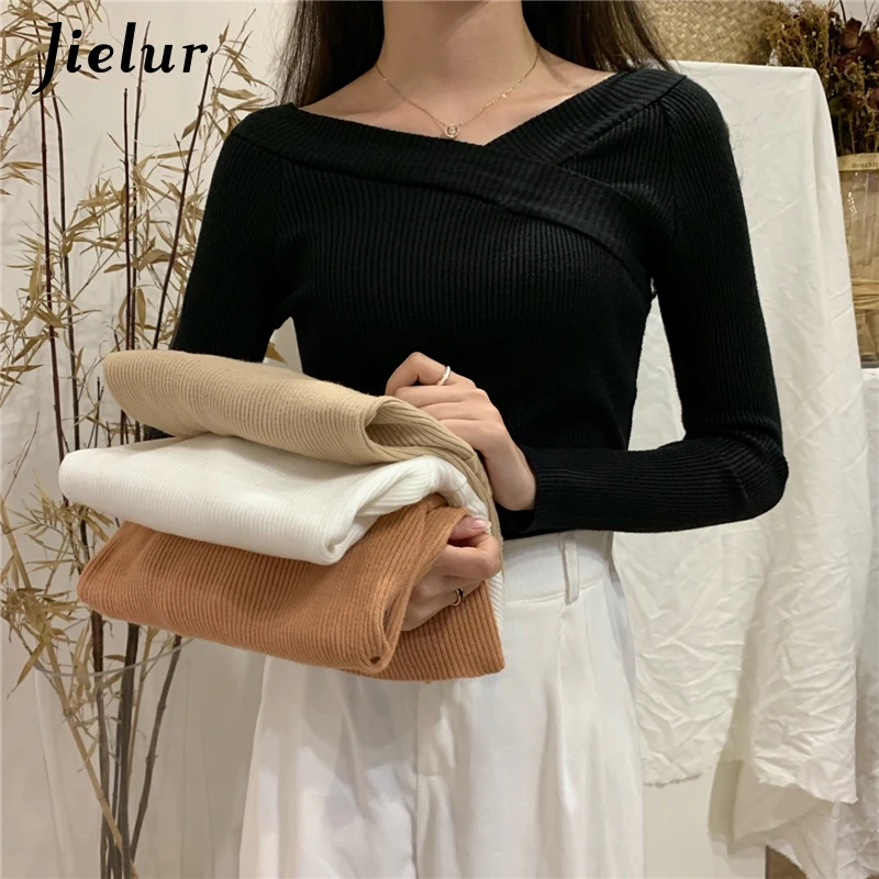 

Jielur Slash Neck Knitted Sweaters Women Pullover Pure Color Long Sleeve Femme Elastic Basic Sweater Autumn Winter Slim