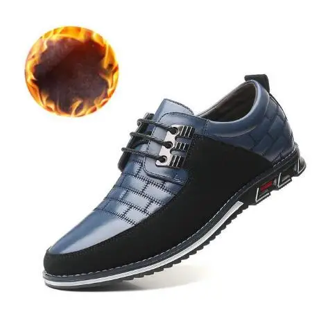 Plus Size 38-48 NEW Leather Men Casual Shoes Brand Mens Loafers Moccasins Breathable Slip On Lace Up Black Driving Shoes H444 - Цвет: blue plush lace up