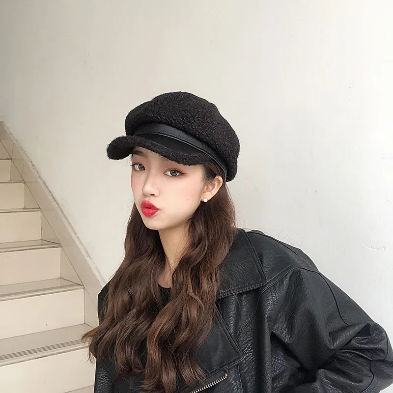 

Korean-style Autumn & Winter Lamb Plush Octagonal Cap Warm Thick Beret Children Japanese-style Versatile Brim Hat Cool