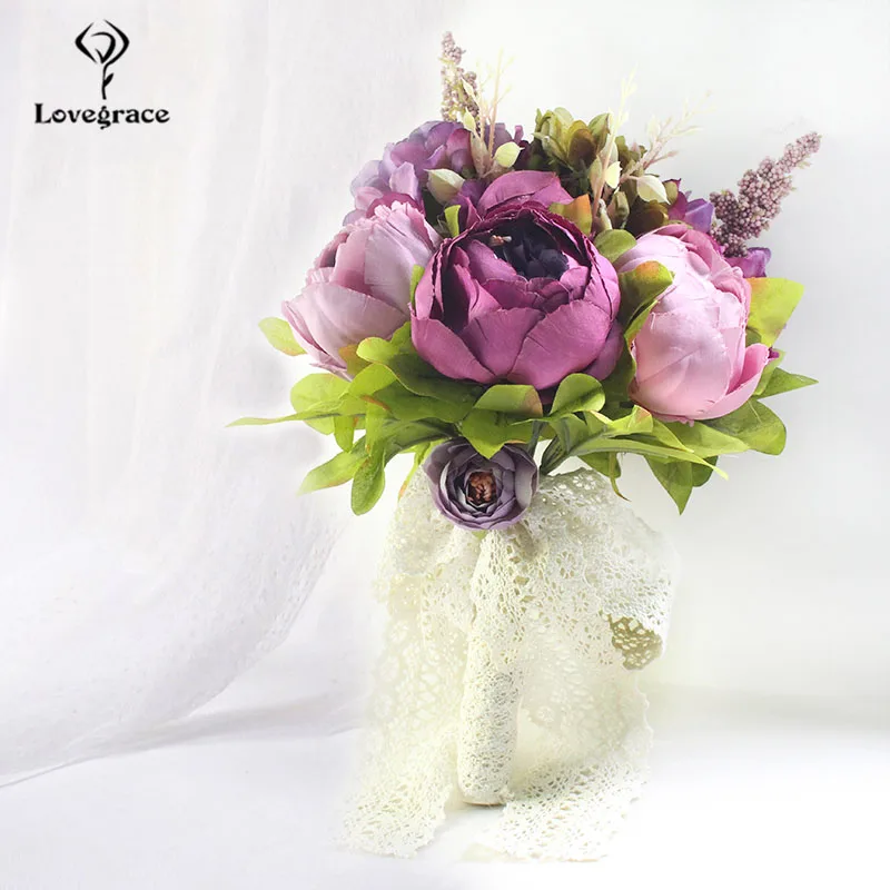 purple Lovegrace Свадебный букет невесты для держания букетов Белый дом вечерние искусственный шёлковый пион поддельные Цветочные настольные украшения - Цвет: purple