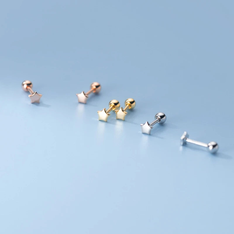 925 Sterling Silver Bead Screw Stud Earrings For Girl Kids Daughter Student Smooth Star Mini Ear Earring Body Piercing Jewelry | Украшения