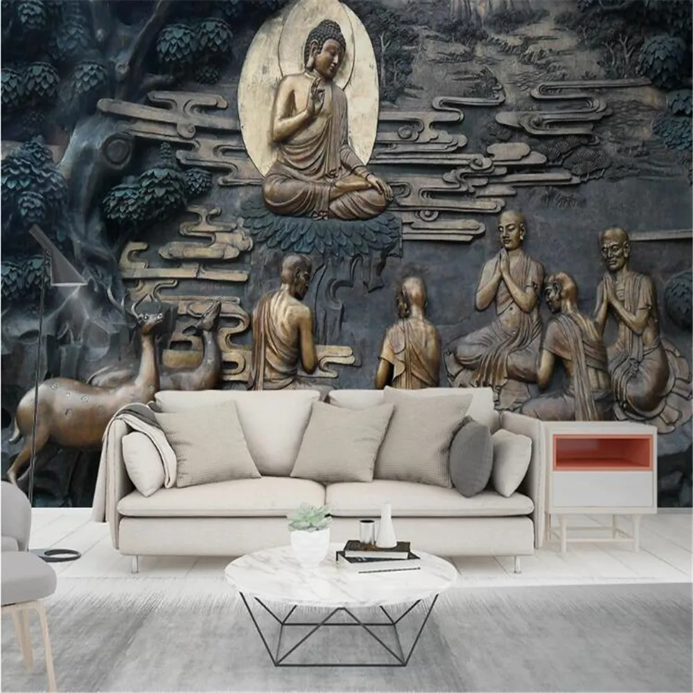 

milofi factory custom wallpaper mural 3D three-dimensional relief Buddhist characters TV background wall painting