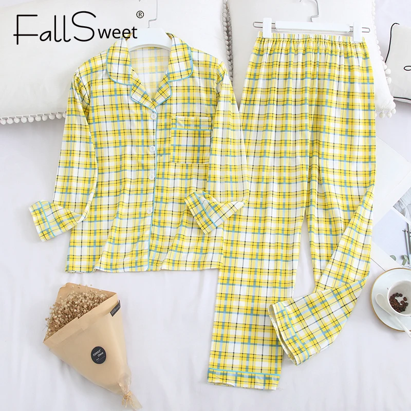 

FallSweet Plaid Pajamas Set Women Nightwear Turn Down Collar Sleepwear Long Sleeve Soft Two Piece Home Suit